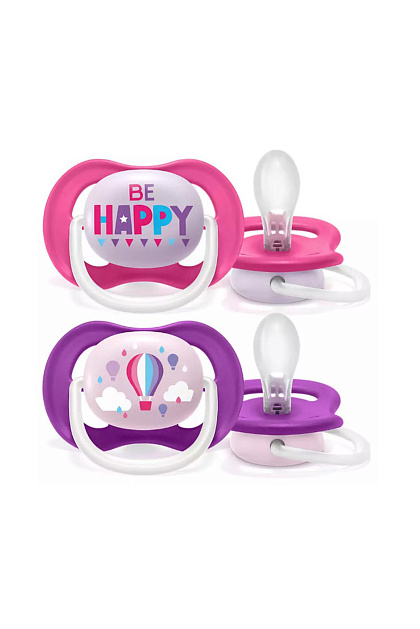 Philips AVENT / Пустышка силиконовая Ultra Air декор Воздушный Шар/Be Happy, 6-18 мес, (уп. 2 шт.), для девочек